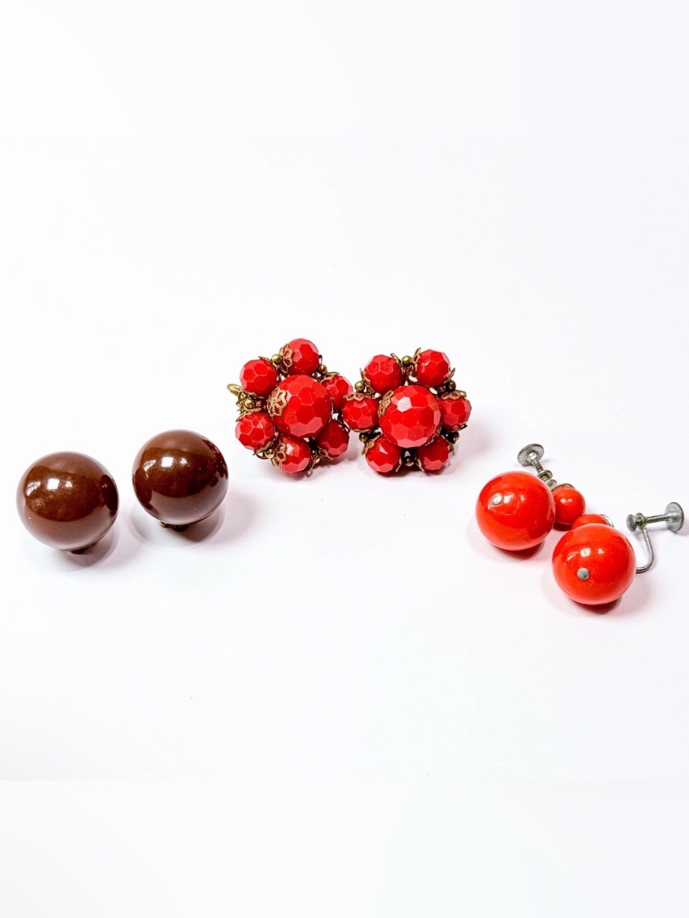 Vintage Mid Century Clip On Earrings Lot Plastic Red Cluster Orange Brown Autumn